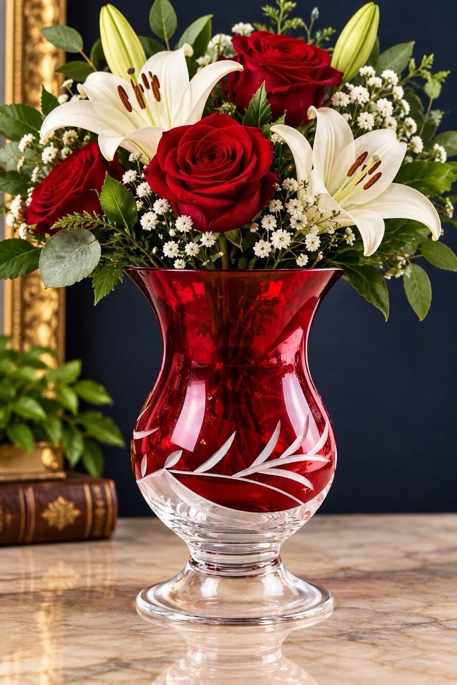 Lenox Centerpiece Vase Petite Floral Ruby Red Cut to Clear Glass 8" Poland
